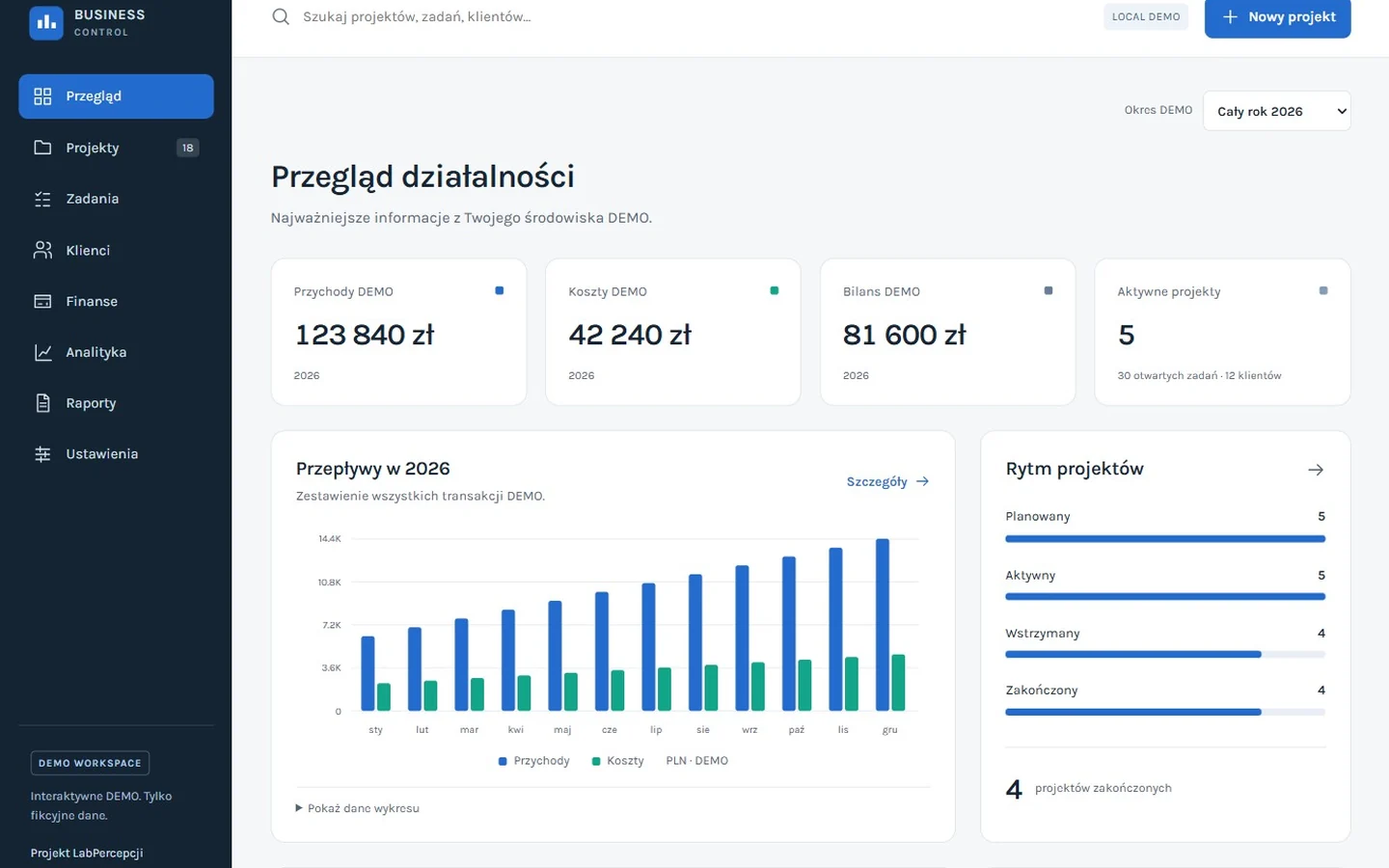 BUSINESS CONTROL — rzeczywisty ekran aplikacji z fikcyjnymi danymi demonstracyjnymi