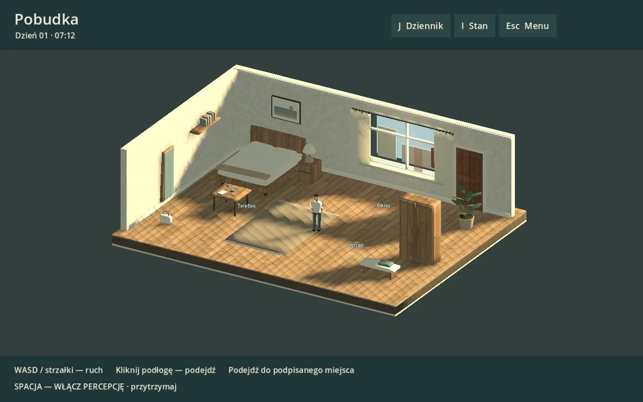LP GAME — Dzień 01: rzeczywisty widok pokoju w prototypie Godot.