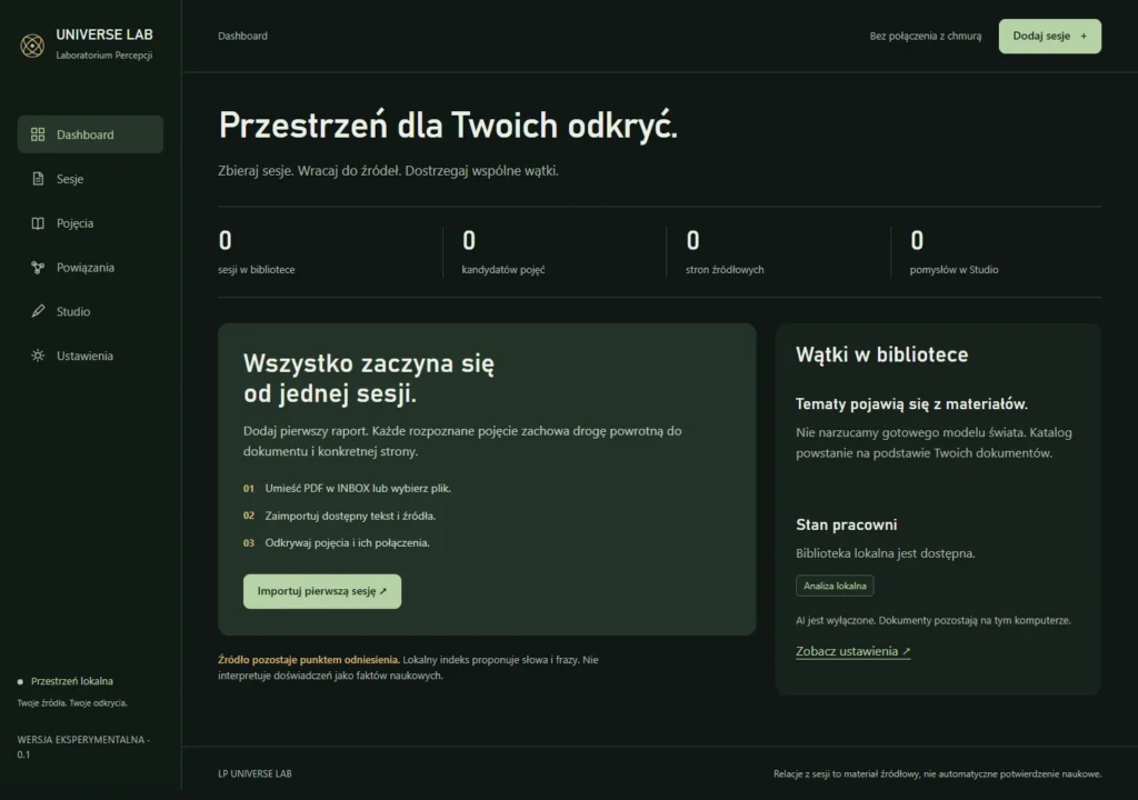 LP UNIVERSE LAB — rzeczywisty interfejs pustej lokalnej biblioteki PDF.