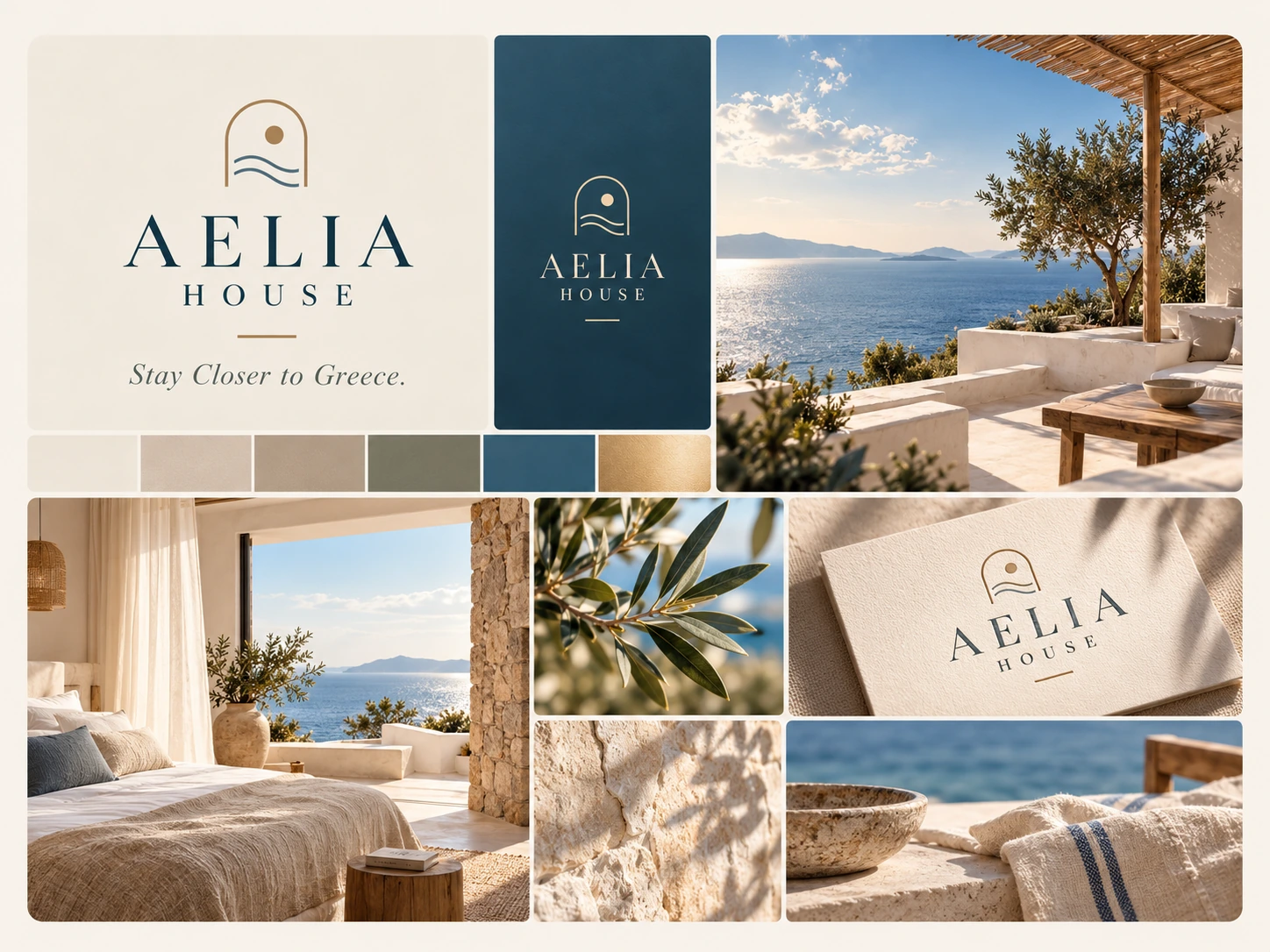 AELIA HOUSE — plansza marki: logo, kolory i ilustracje koncepcyjne. Projekt demonstracyjny LAB PERCEPCJI.
