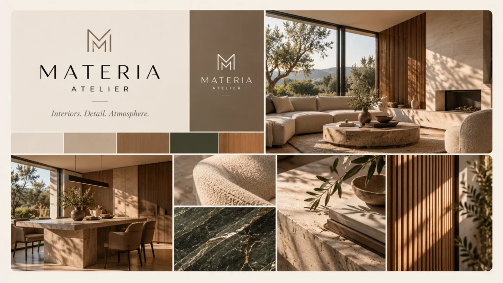 MATERIA ATELIER — plansza marki: logo, kolory i ilustracje koncepcyjne. Projekt demonstracyjny LAB PERCEPCJI.