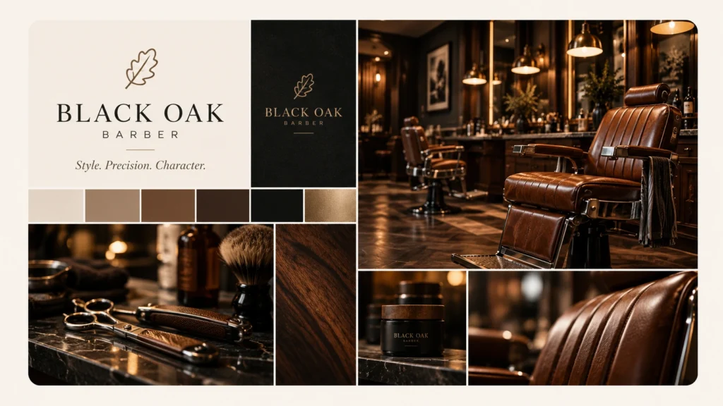 BLACK OAK BARBER — plansza marki: logo, kolory i ilustracje koncepcyjne. Projekt demonstracyjny LAB PERCEPCJI.