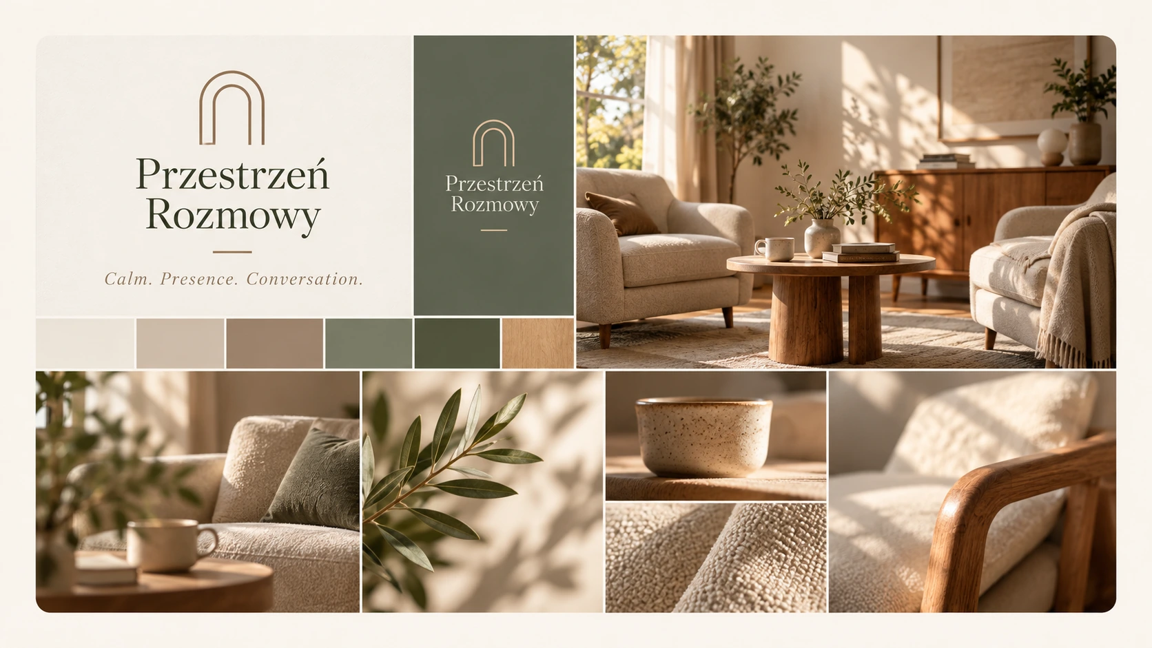 PRZESTRZEŃ ROZMOWY — πίνακας οπτικής ταυτότητας: λογότυπο, χρώματα και ενδεικτικές εικόνες. Σχεδιαστικό demo LAB PERCEPCJI.