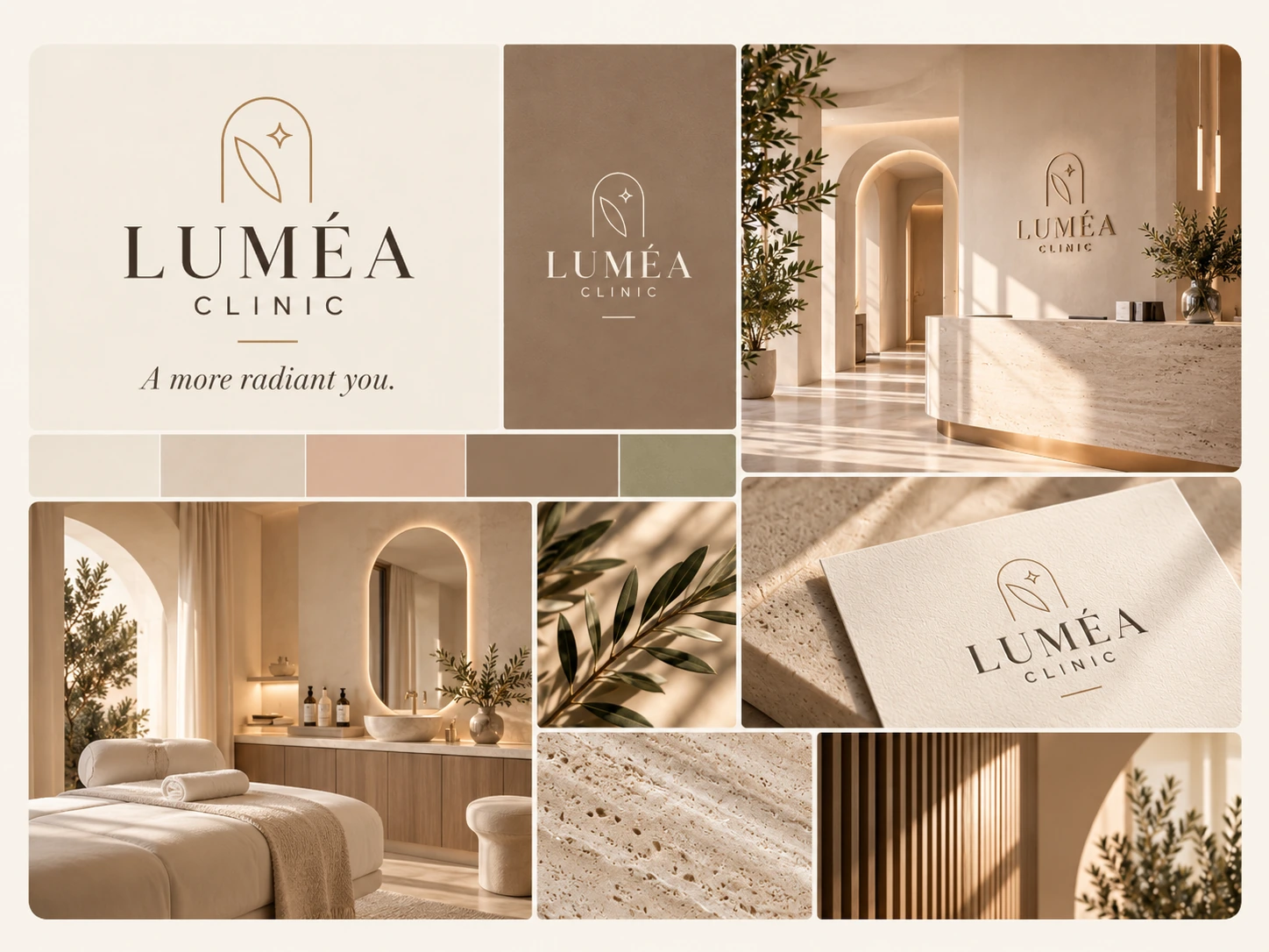 LUMÉA CLINIC — πίνακας οπτικής ταυτότητας: λογότυπο, χρώματα και ενδεικτικές εικόνες. Σχεδιαστικό demo LAB PERCEPCJI.