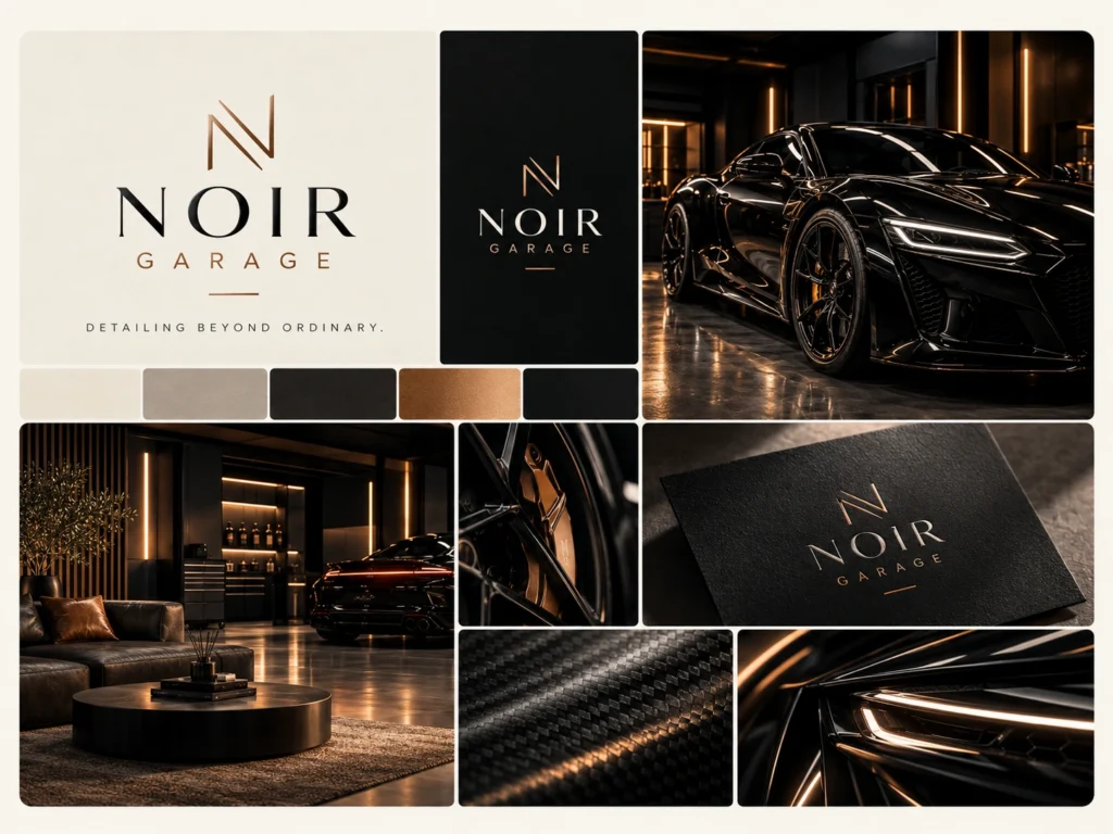 NOIR GARAGE — plansza marki: logo, kolory i ilustracje koncepcyjne. Projekt demonstracyjny LAB PERCEPCJI.