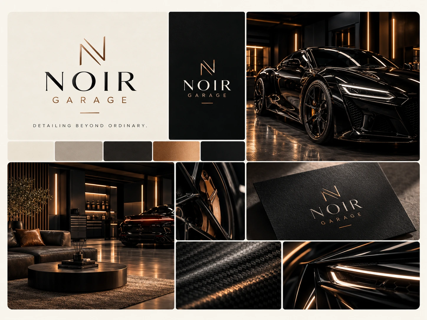 NOIR GARAGE — πίνακας οπτικής ταυτότητας: λογότυπο, χρώματα και ενδεικτικές εικόνες. Σχεδιαστικό demo LAB PERCEPCJI.