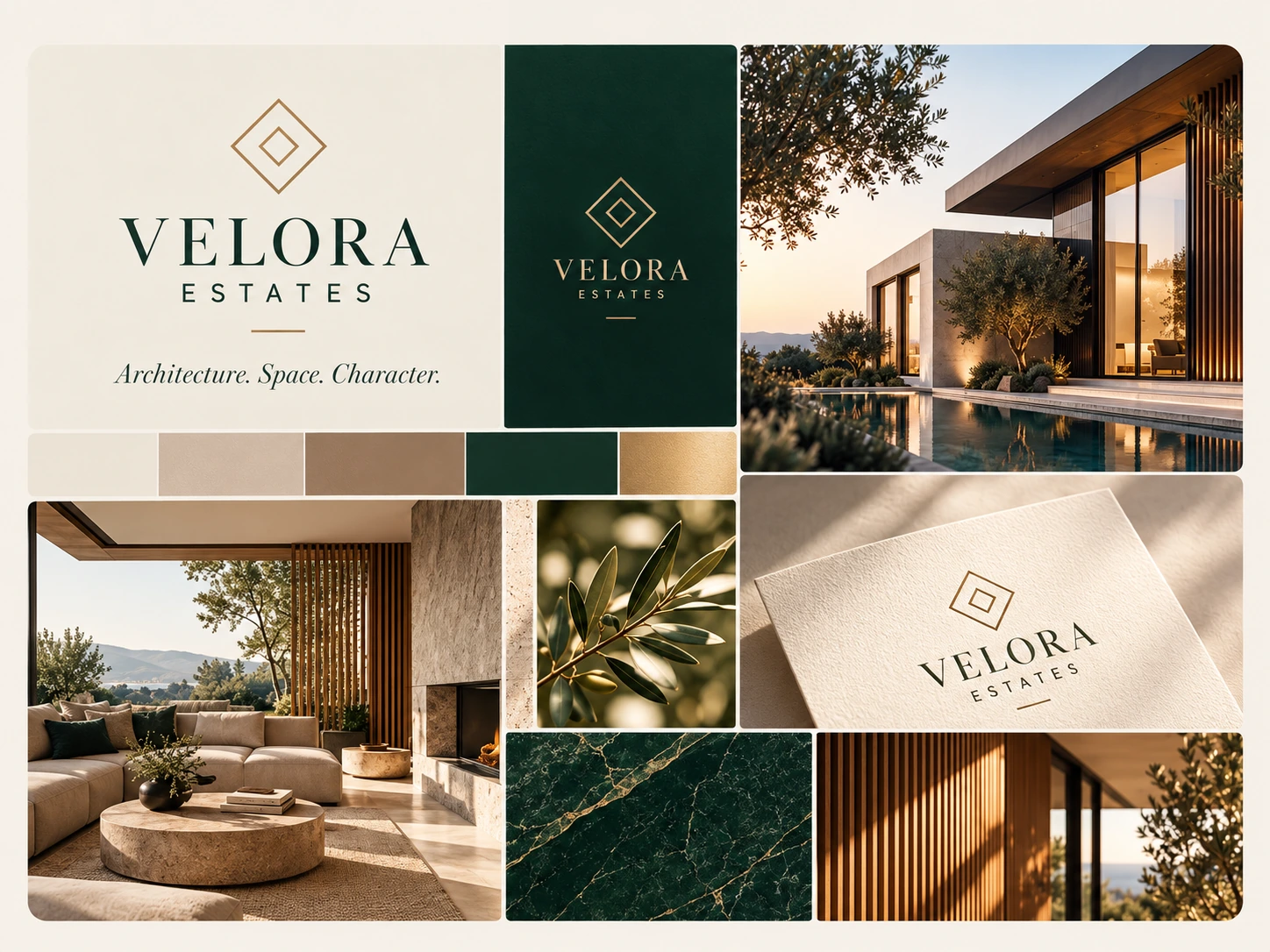 VELORA ESTATES — πίνακας οπτικής ταυτότητας: λογότυπο, χρώματα και ενδεικτικές εικόνες. Σχεδιαστικό demo LAB PERCEPCJI.
