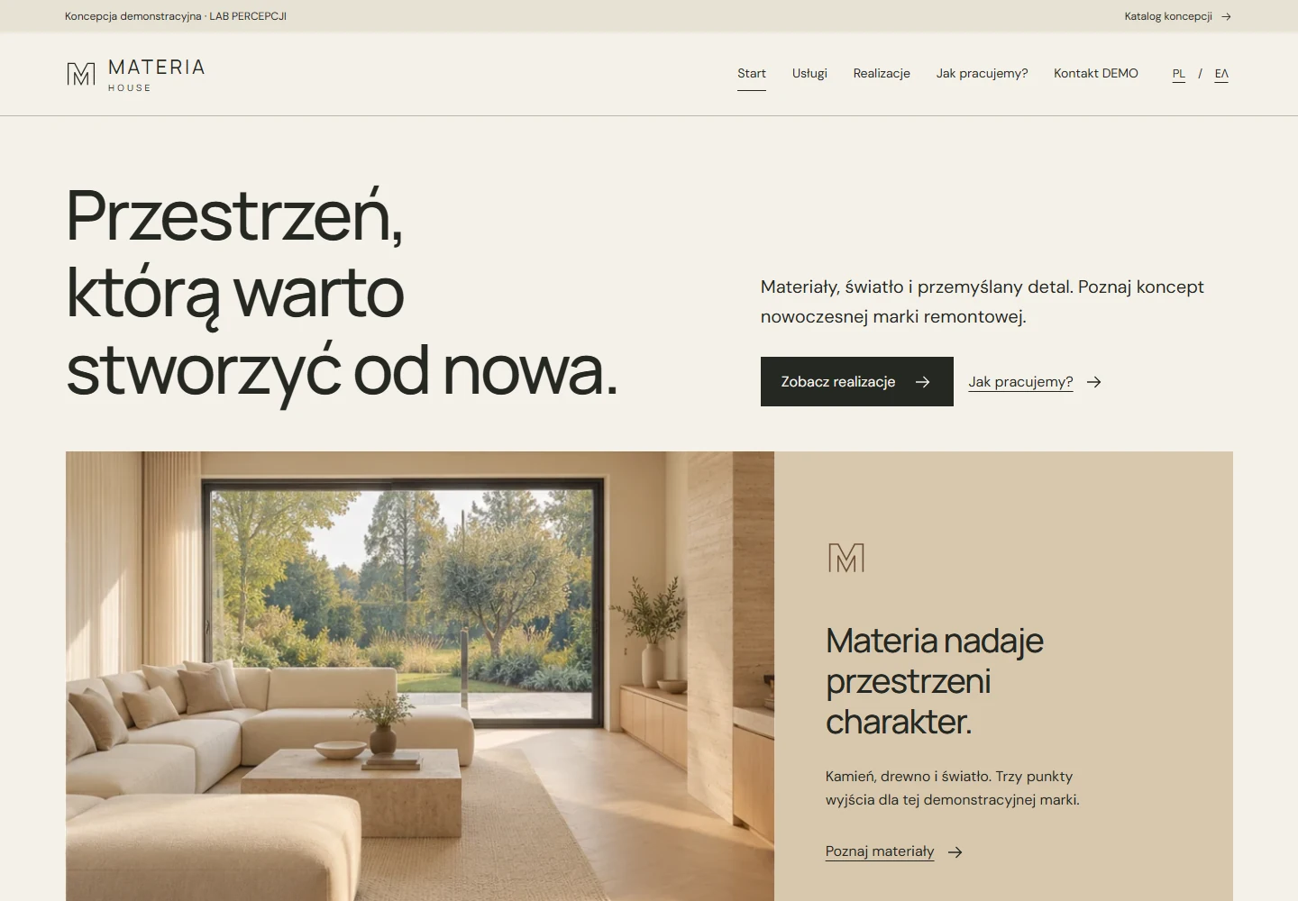 MATERIA HOUSE — rzeczywisty podgląd strony demonstracyjnej
