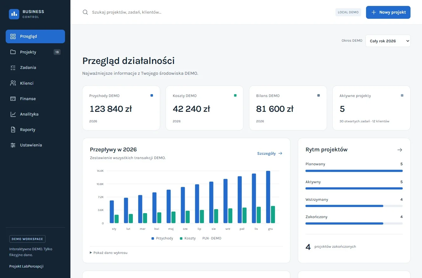 Rzeczywisty zrzut ekranu BUSINESS CONTROL z wykresem przepływów i podsumowaniem projektów